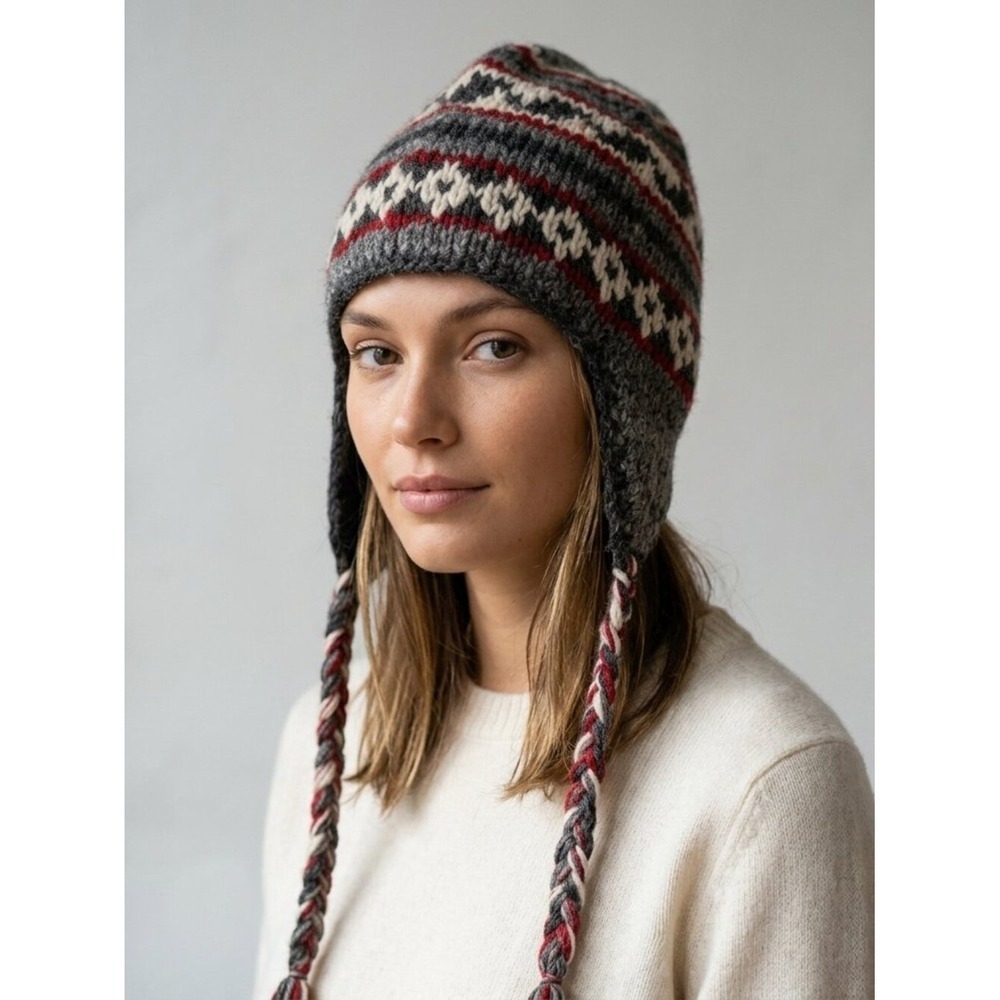 Sharanel Wool Fair Isle Earflap Beanie Hat Grey Red Nepal Fleece Lined Tassels